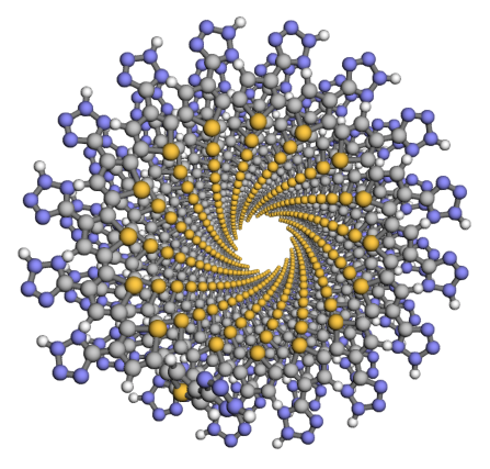 A spiraling polymer chain in atomistic resolution, with coloring in gray, yellow, purple and white