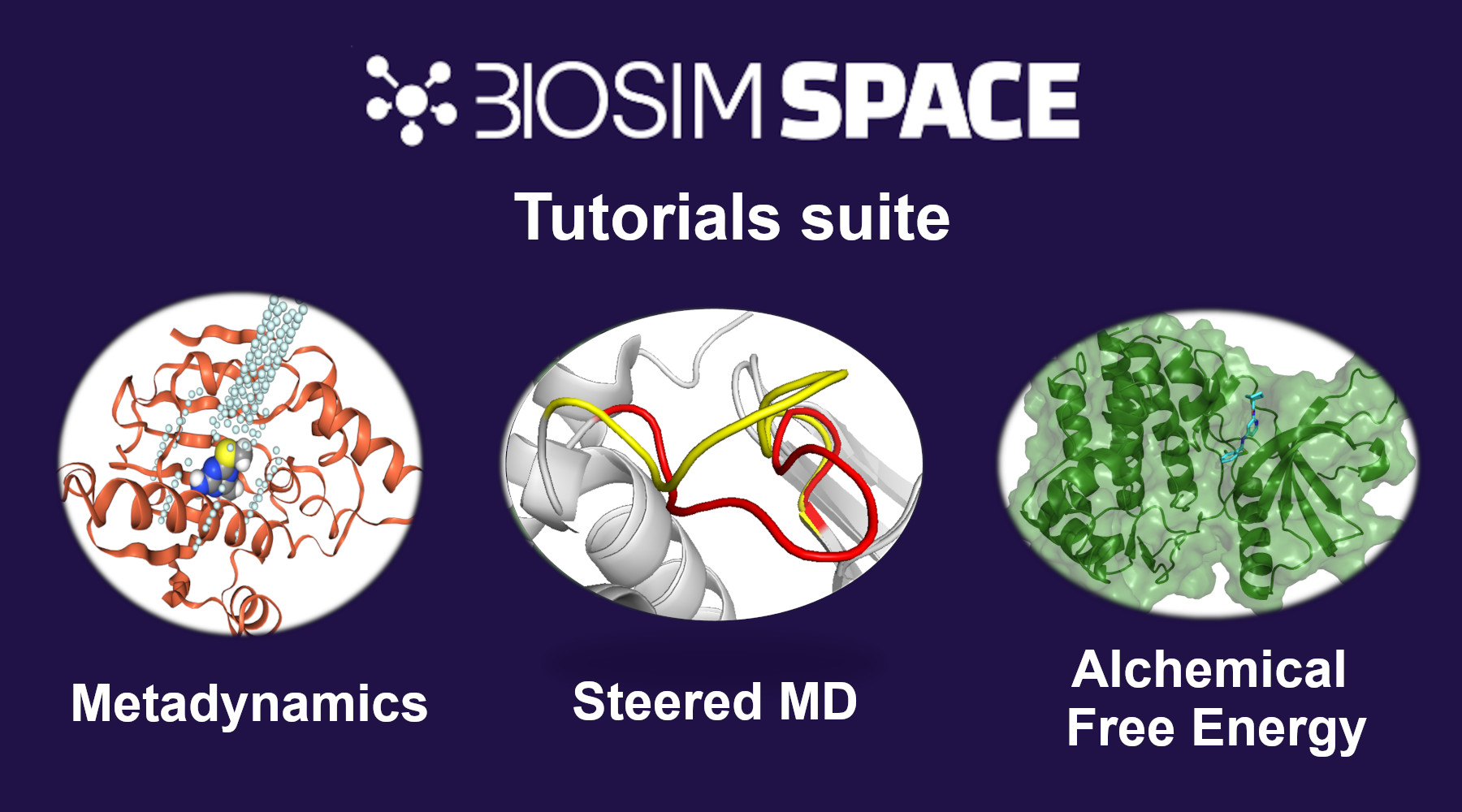 Three images depicting tutorials for BioSimSpace