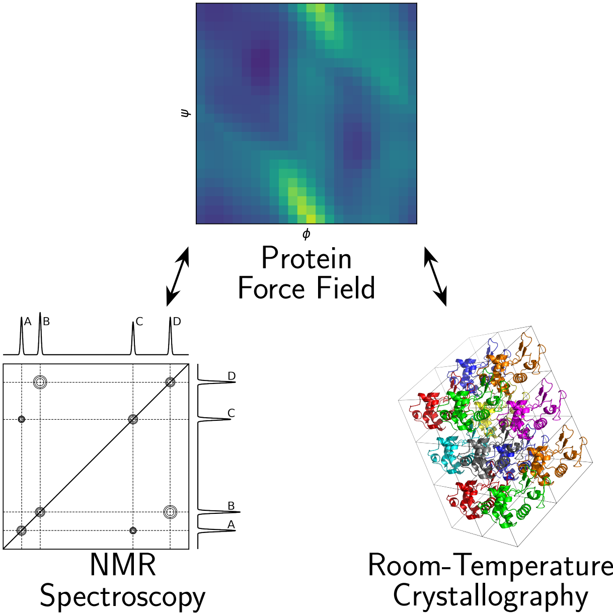 a protein psi-phi density plot, a image of NMR spectroscopy and an image of a protein crystal