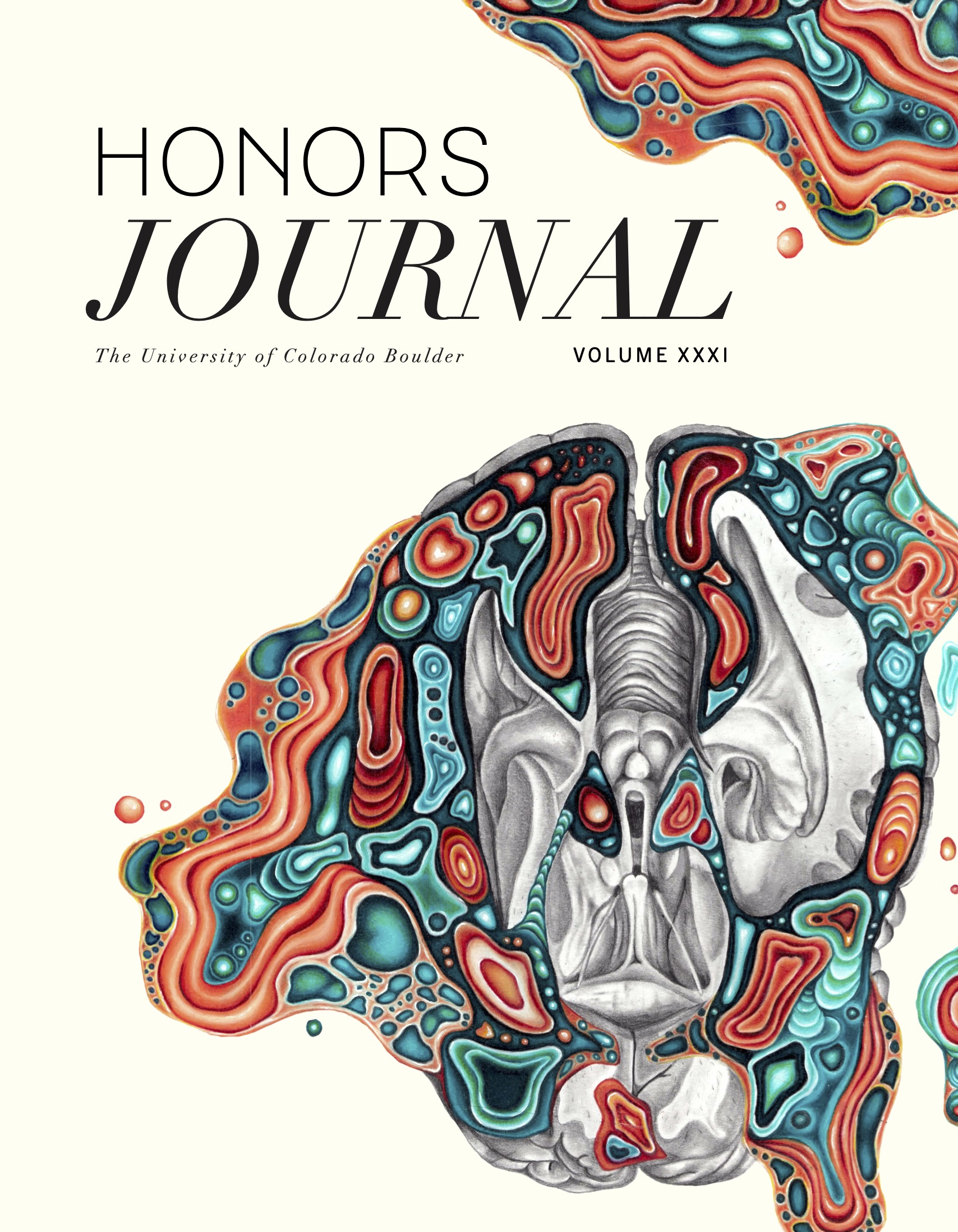 Text Honors Journal with a red blue gray and black artistic image of a brain