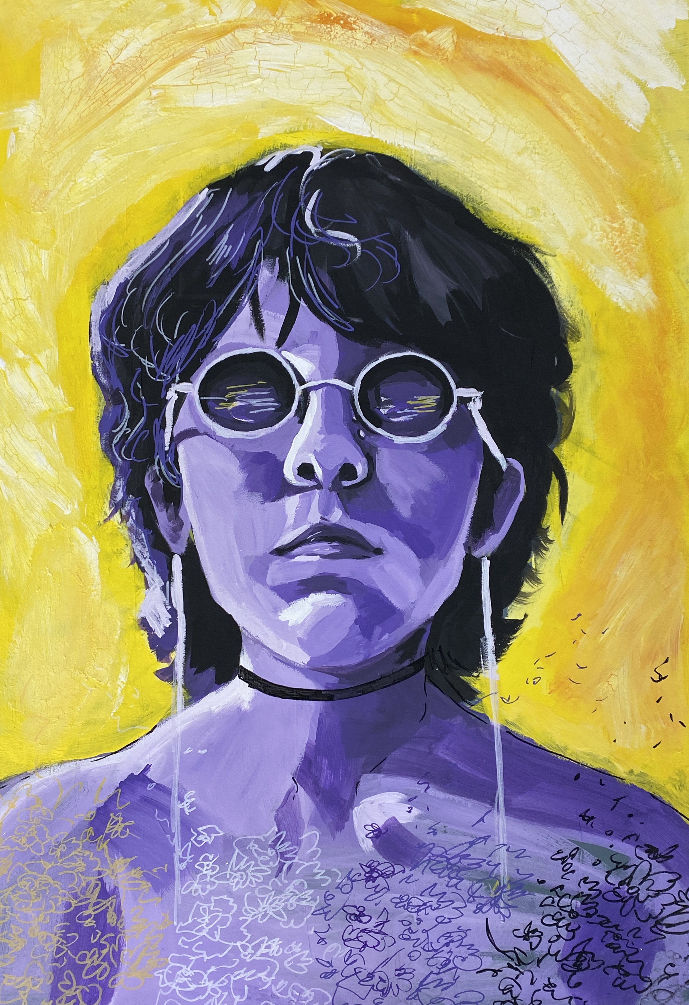 A purple person from the shoulders up, wearing sunglasses, with text on their chest, and sunglasses on their face, against a yellow background