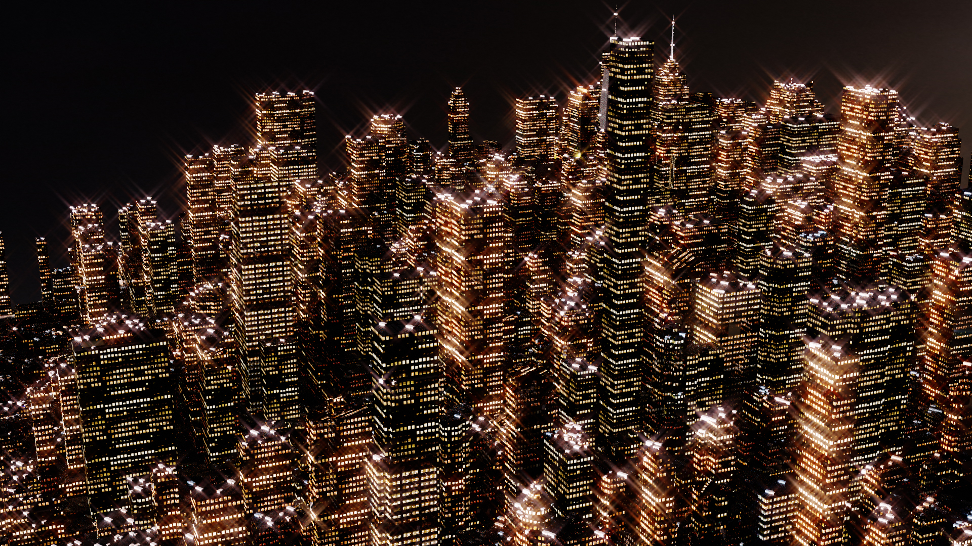 A view of a city at night, from a high point