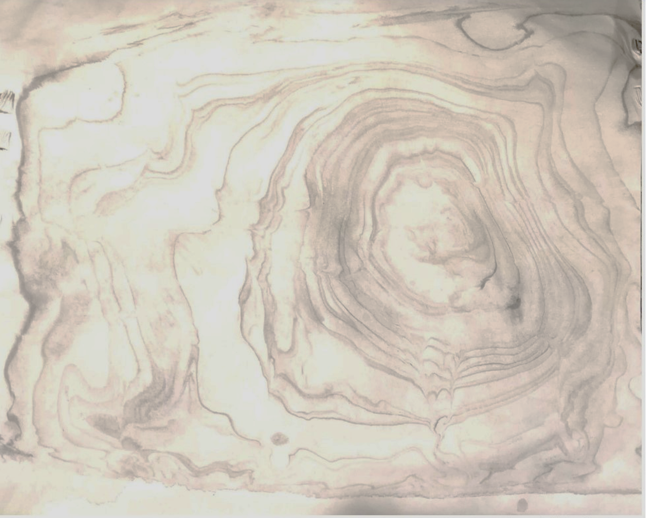 Concentric black rings of ink on white paper