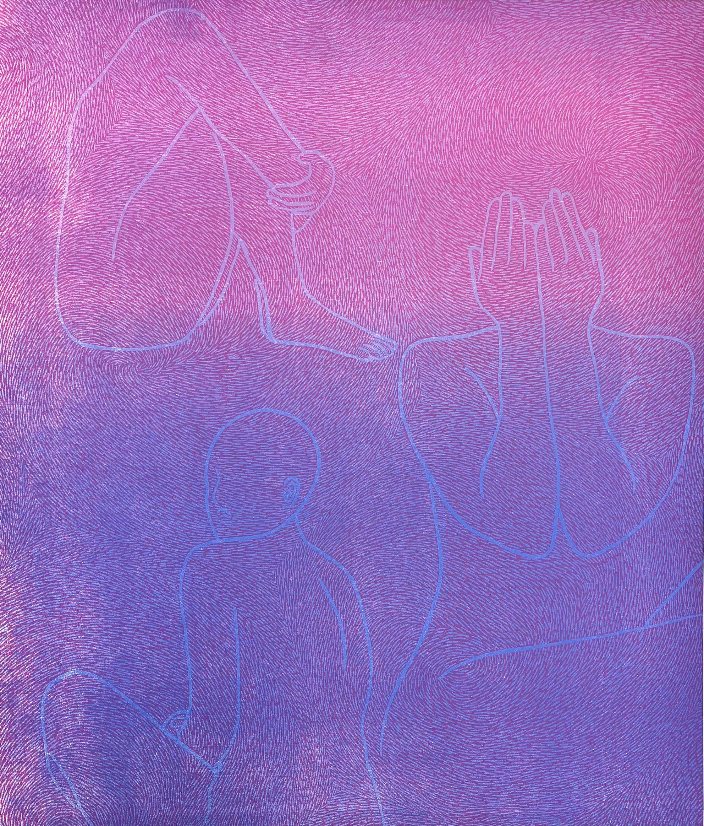 Human forms are etched into a background of color and line