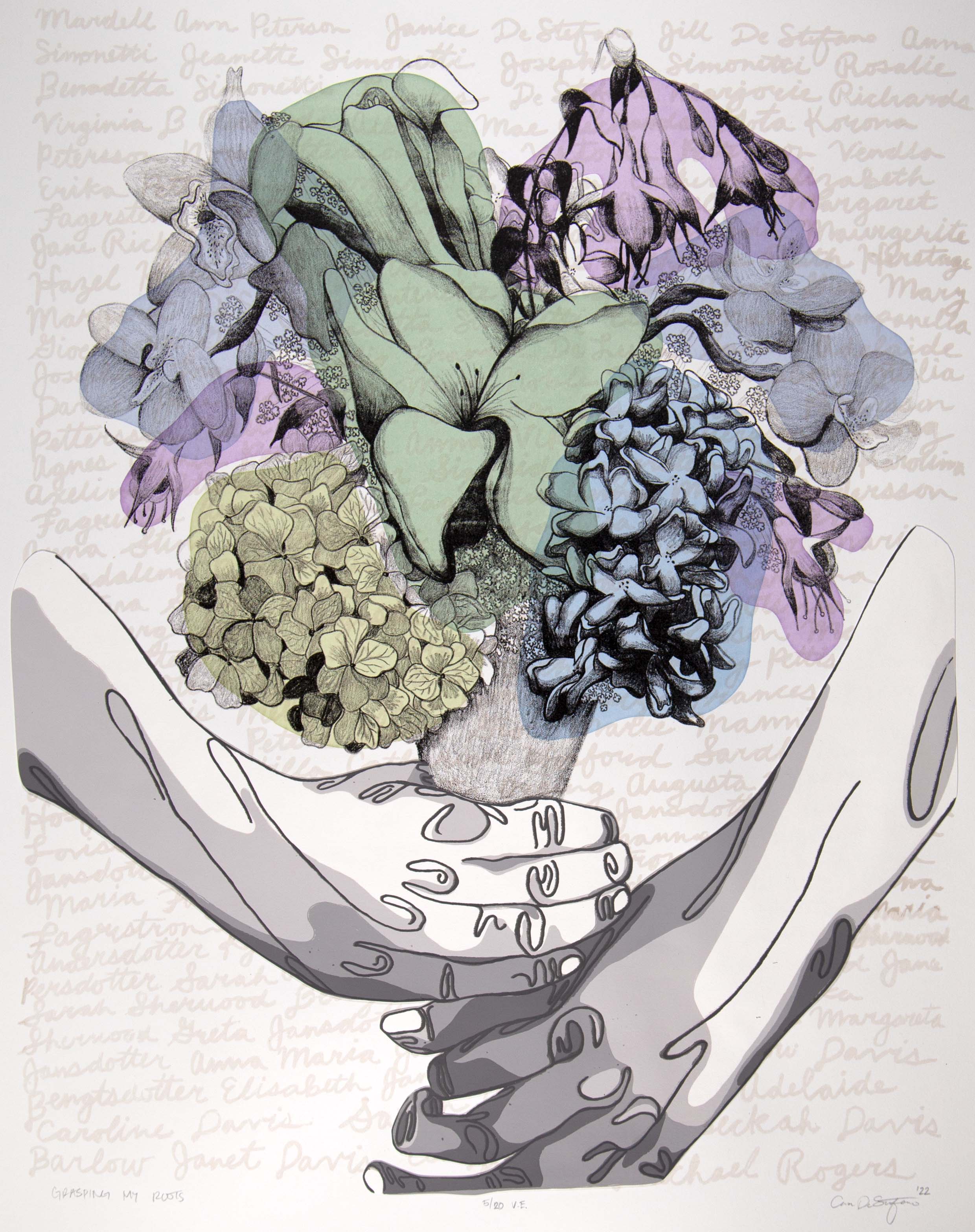 Hands hold a bouquet of flowers