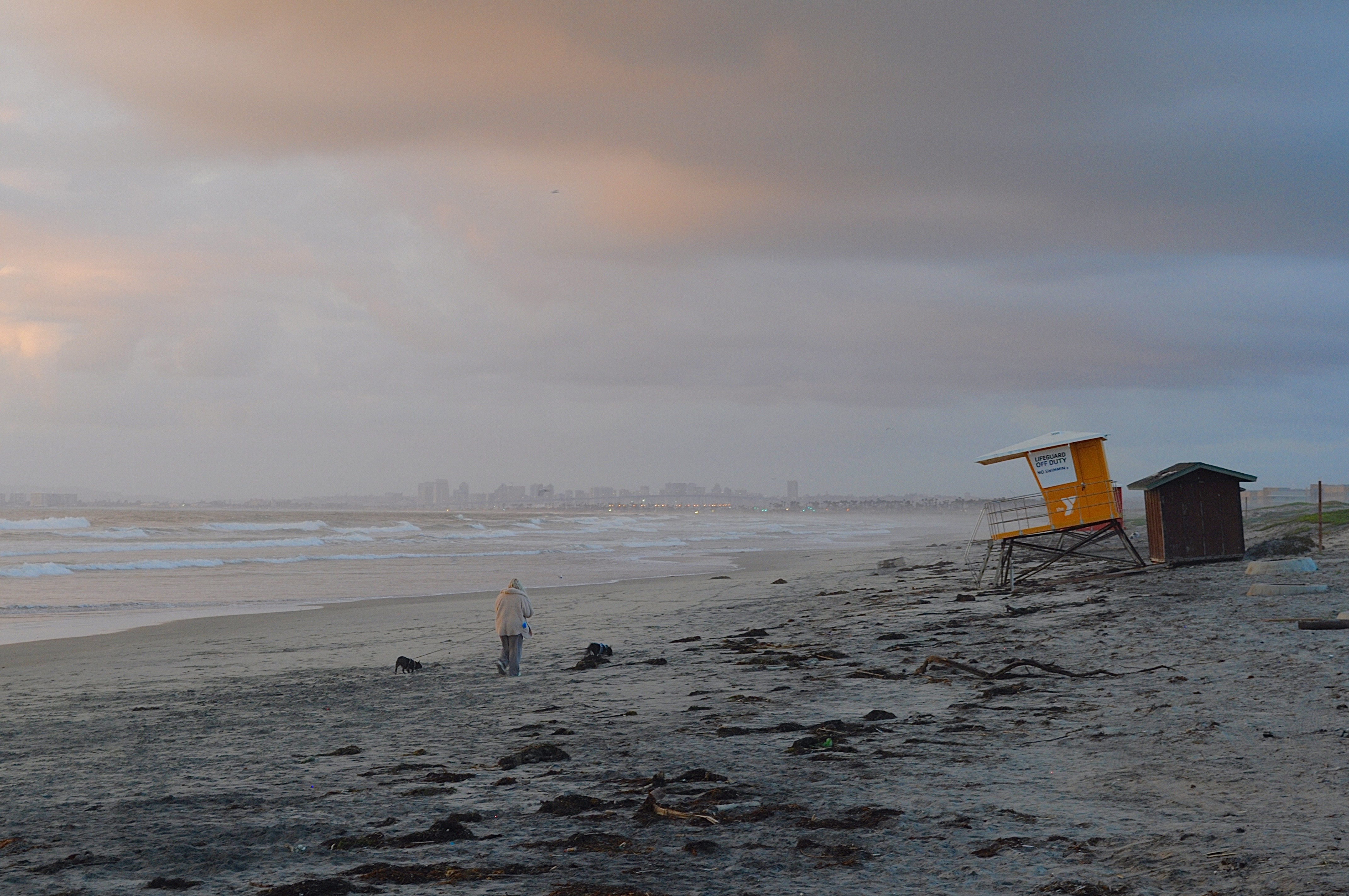 A person stands on a beach with faded lighting